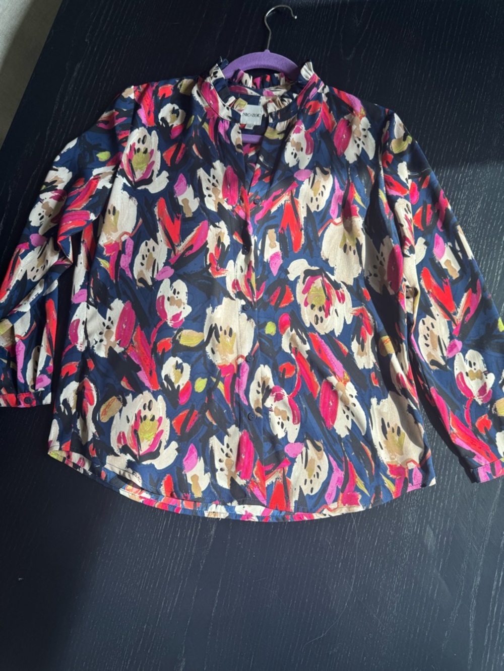 NIC+ZOE Navy Floral Button-Up Blouse with Pink, Cream & Red Accents. Nordstroms.